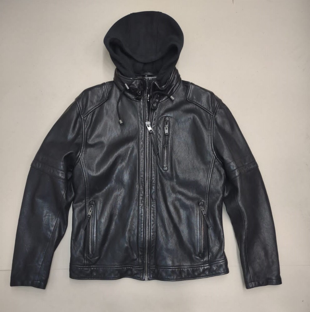 Men’s Black Genuine Leather Jacket with Hoodie | Moto Biker Casual Style
