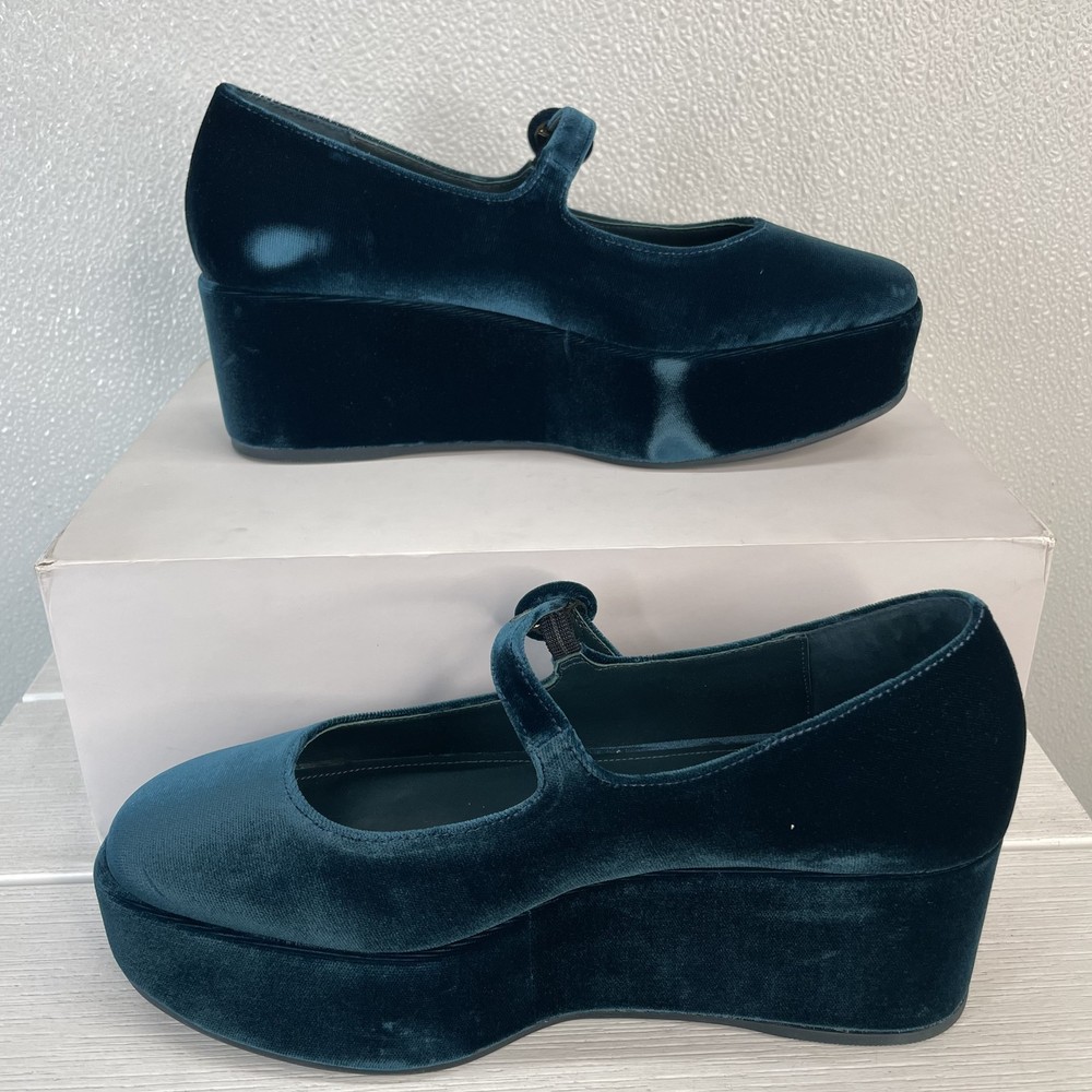 Larroude Womens Size6.5 Blair 2 Inch Mary Jane Flatform Blue Velvet Buckle Strap