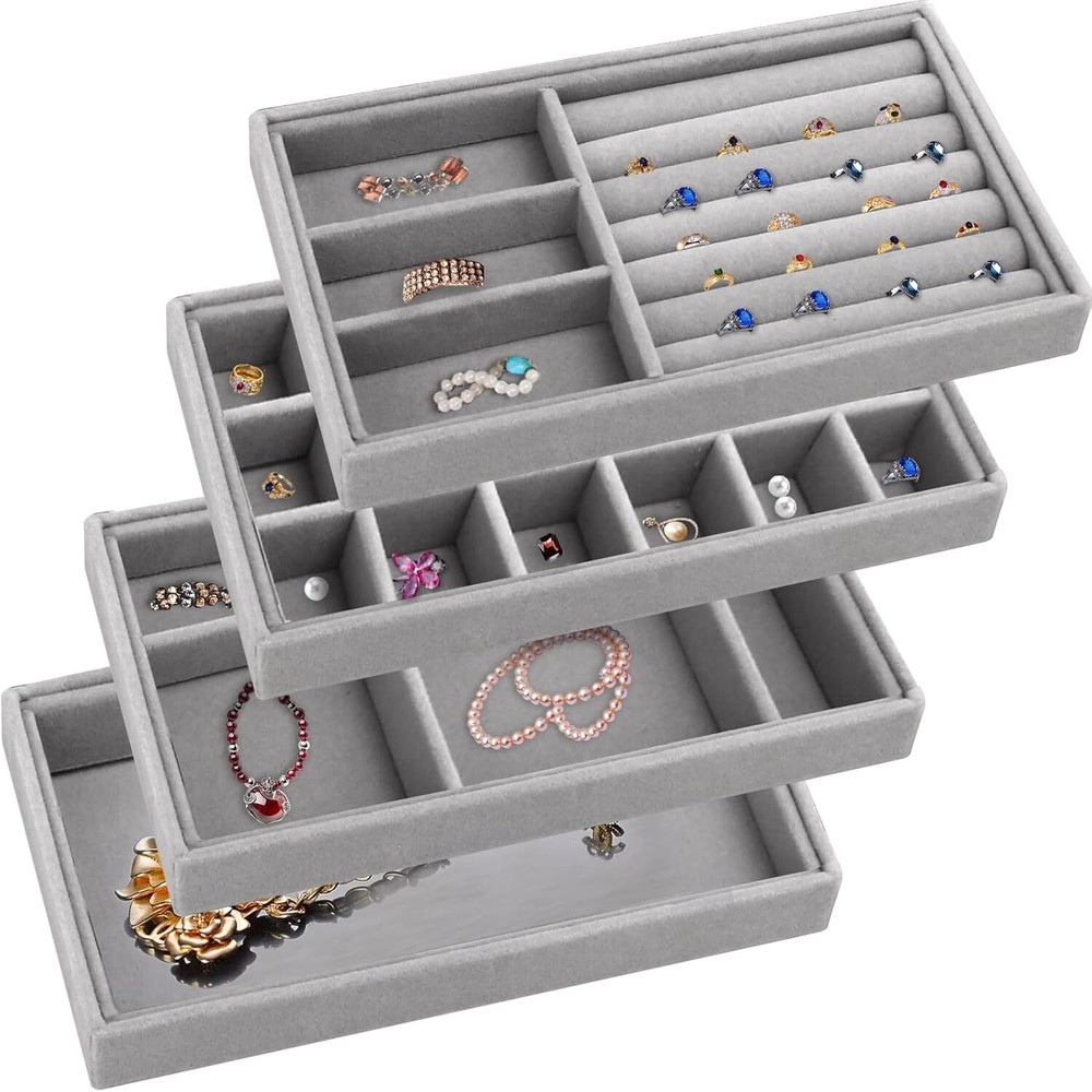 4-Piece Grey Velvet Stackable Jewelry Tray Organizer for Drawers