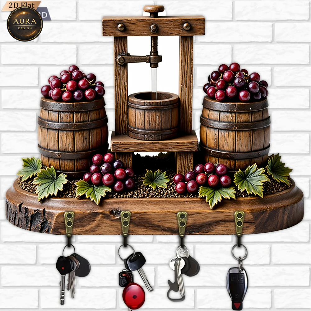 Wall Keychain 30cm - Grape and Barrel of VIno Organizer 2D 4 Hooks Entrance