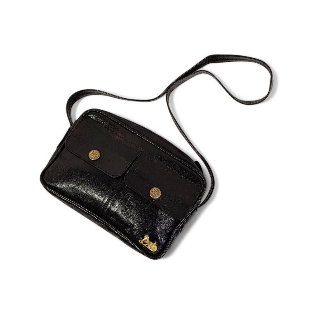 Authentic Used Celine Black Leather Shoulder Bag with Metal Logo