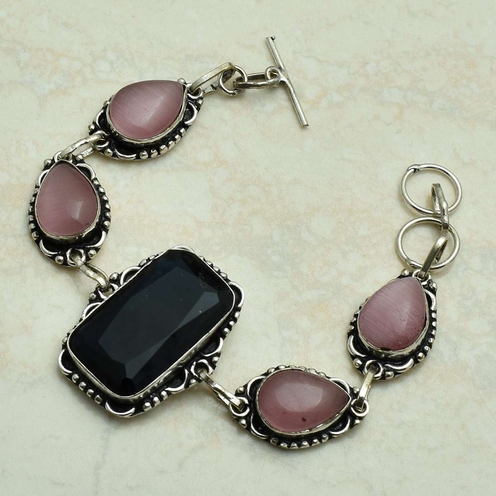 Black Onyx Cat Eye Gemstone Ethnic Handmade Bracelet Jewelry 19 Gms AB 52084