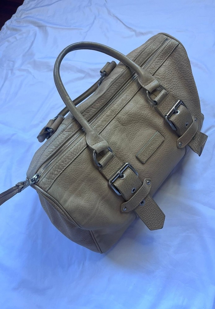 Longchamp Legende Beige Patent Pebbled Leather Satchel Handbag