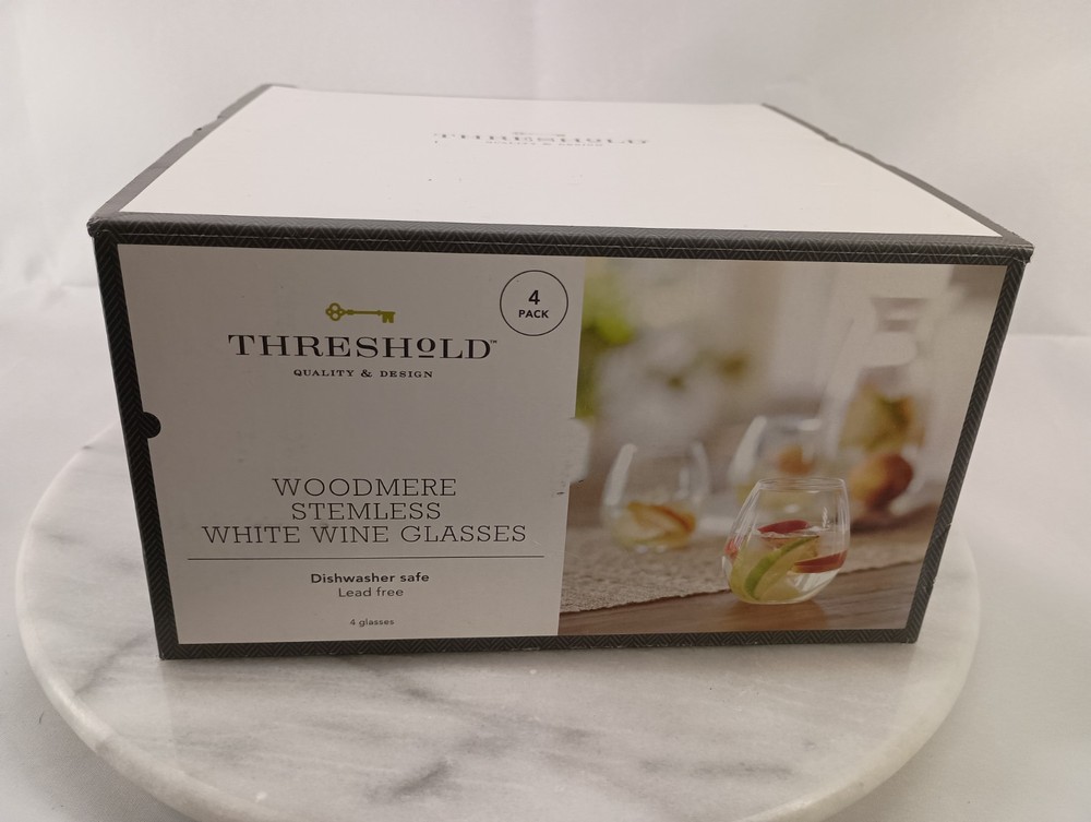 NEW 4pk Woodmere Stemless White Wine Glasses - Threshold 16 Oz. NIB