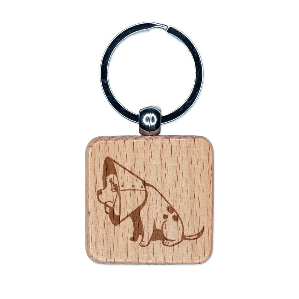 Sad Pet Dog in Cone of Shame Engraved Wood Square Keychain Tag Charm