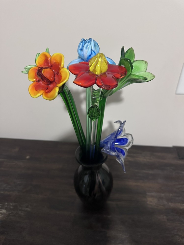 VTG Murano Style Hand Blown Art Glass Flowers Set of 6 Long Stem Floral Decor