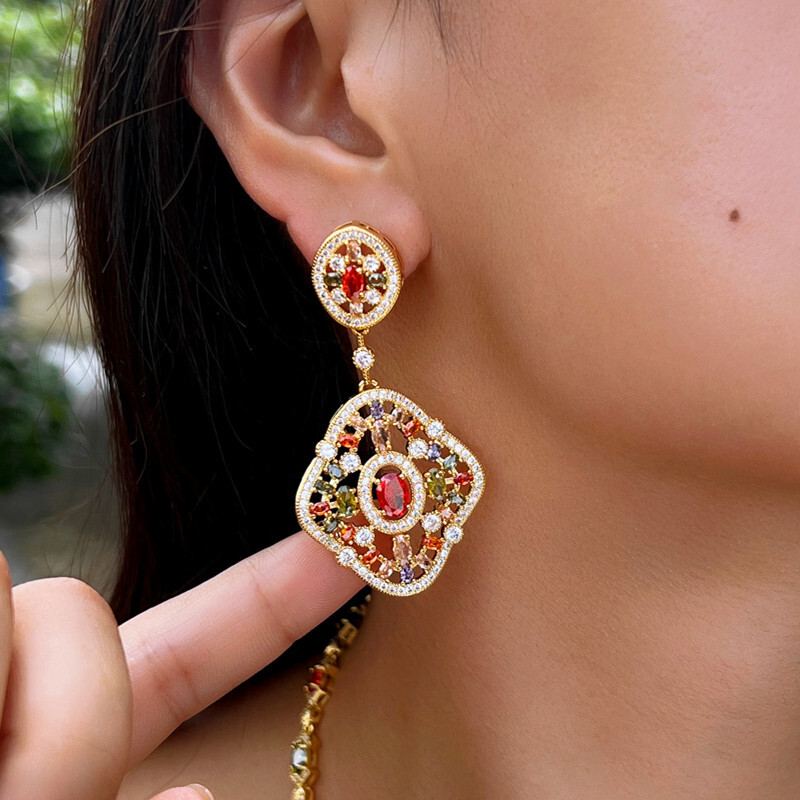 Boho Gold Plated Geometric CZ Long Dangle Earrings for Women
