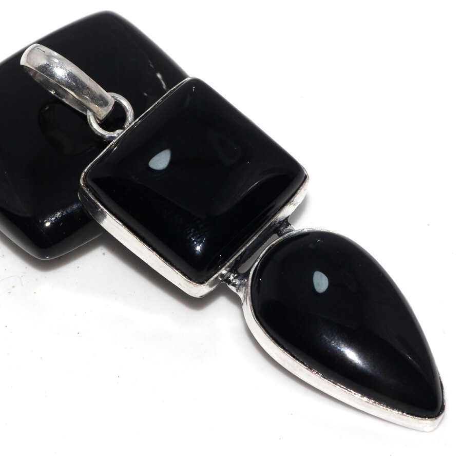 Black Onyx 925 Silver Plated Long Gemstone Pendant 2.5