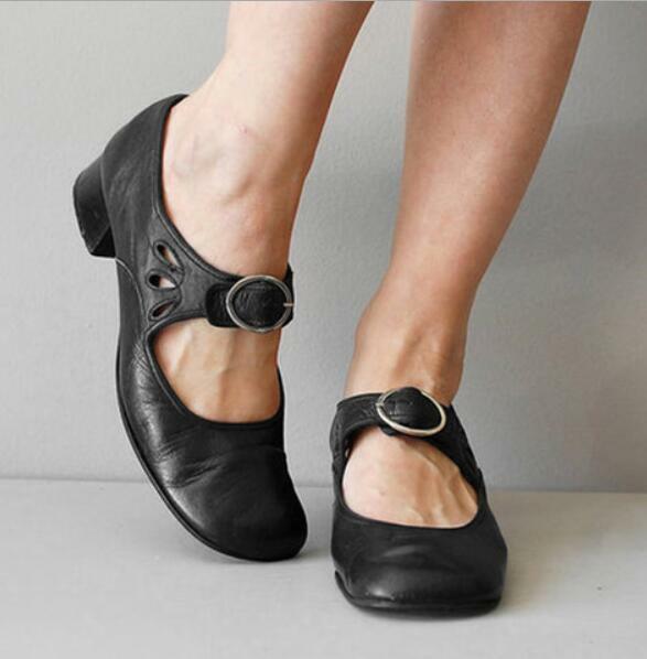 Women's Round Toe Mary Jane Loafers with Buckle Low Heel Comfort Pumps