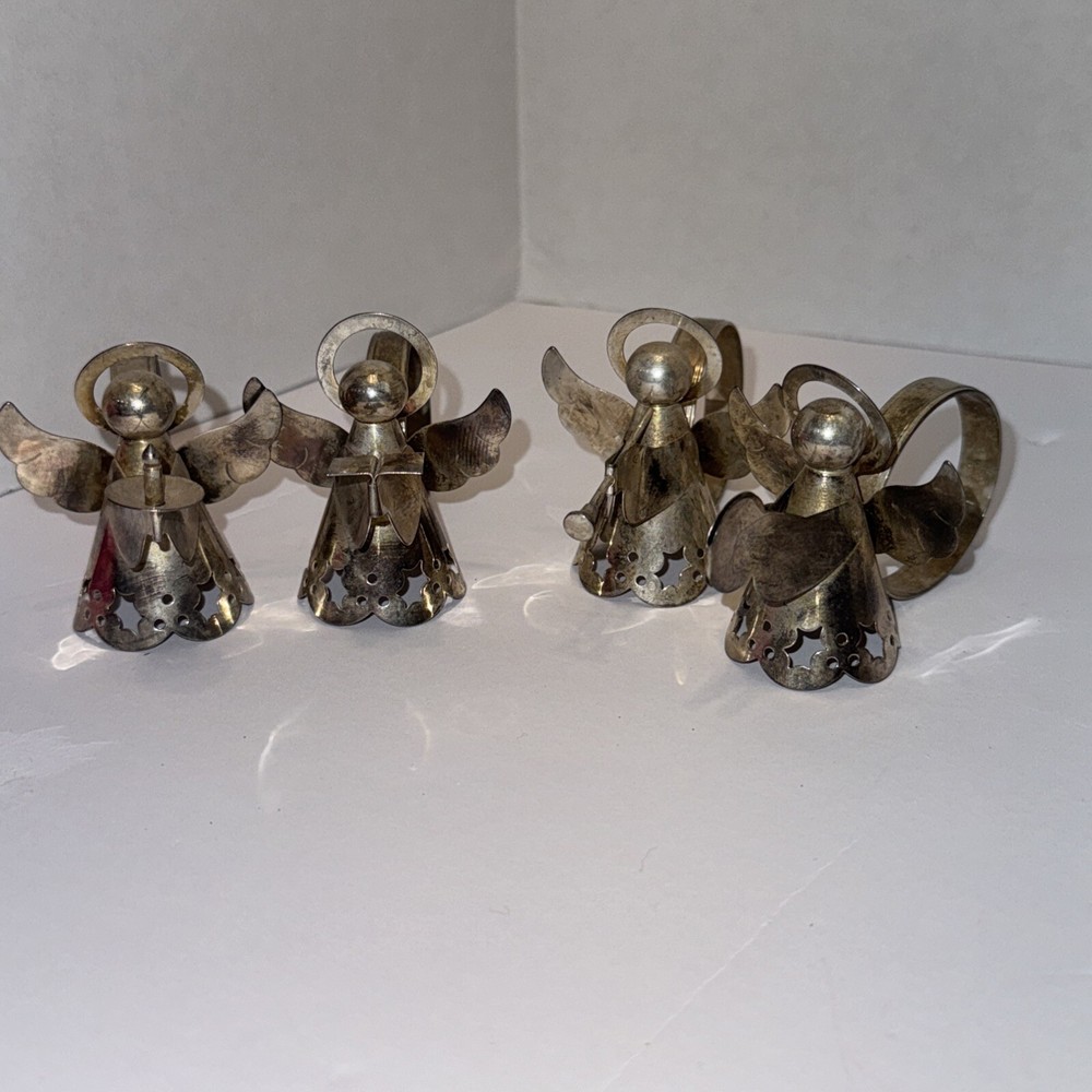 Set of 4 Vintage Angel Choir Napkin Rings Silver Metal- Singers Trumpet Cymbals