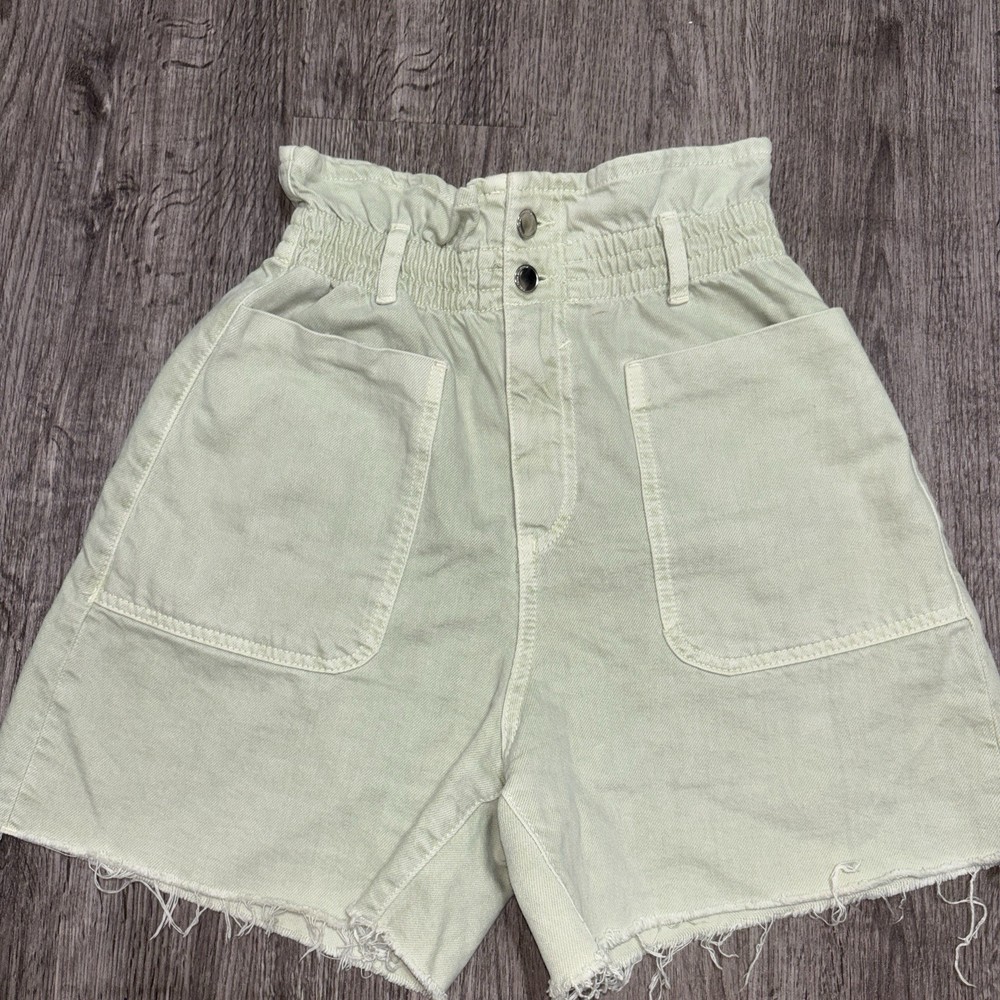 Zara Paperbag Waist Denim Shorts Women US 4 Yellow High Rise Frayed Summer
