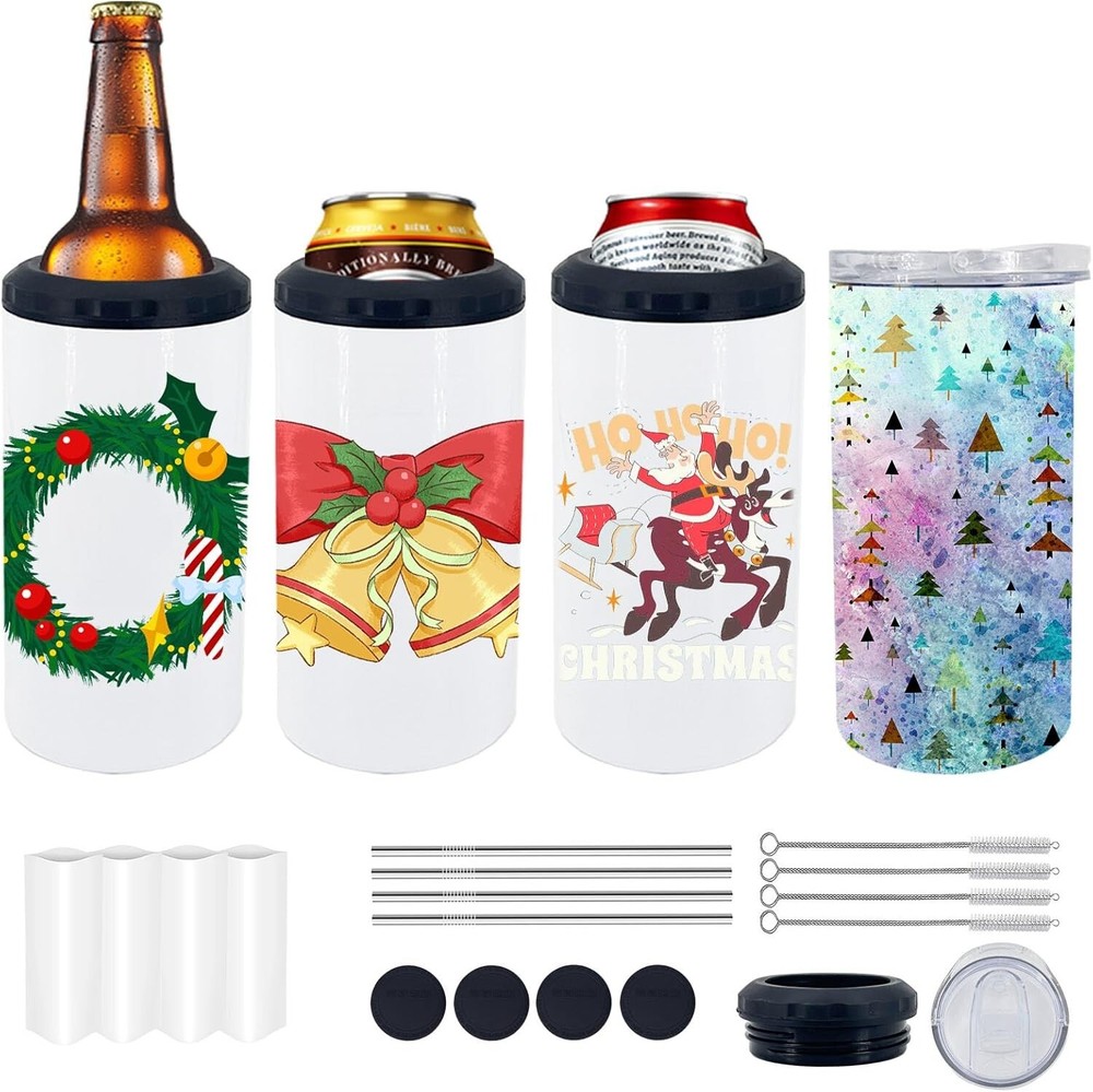 4 Pack 16oz Sublimation Can Coolers with Straws and Coasters - DIY Customizable Gifts