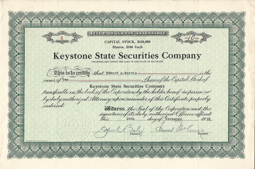 1931 PENNSYLVANIA Keystone State Securities Company Stock Certificate #6