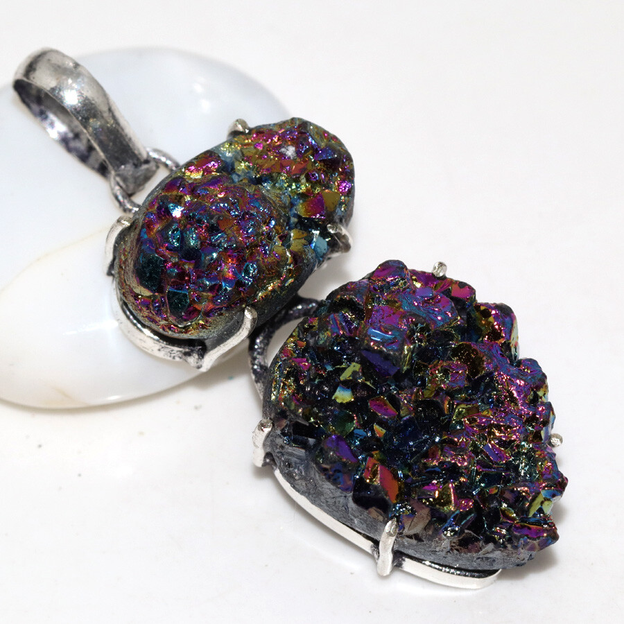 Titanium Druzy 925 Silver Plated Long Gemstone Pendant 2
