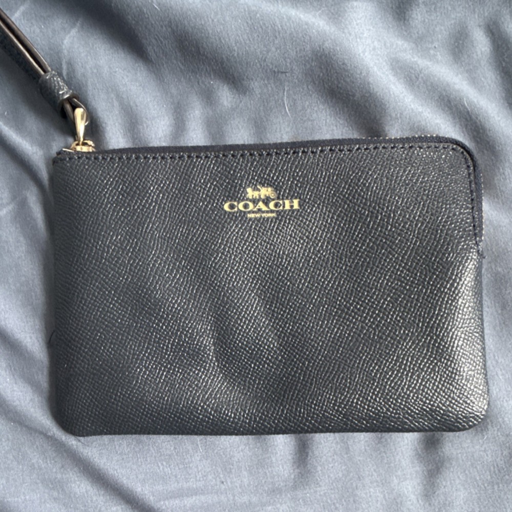 Coach Dark Blue Wristlet Wallet Logo Strap Zipper Credit Card Women Solid