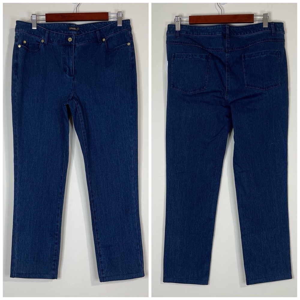 J. McLaughlin Dark Denim Straight Jeans Size 12 Blue Stretch Altered Hem