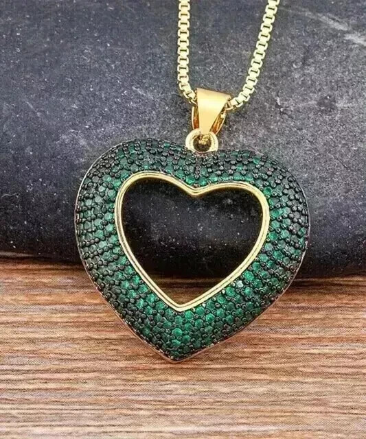 Womens Heart Pendant 925 Silver Gold Finish 3 Ct Round Cut Simulated Emerald