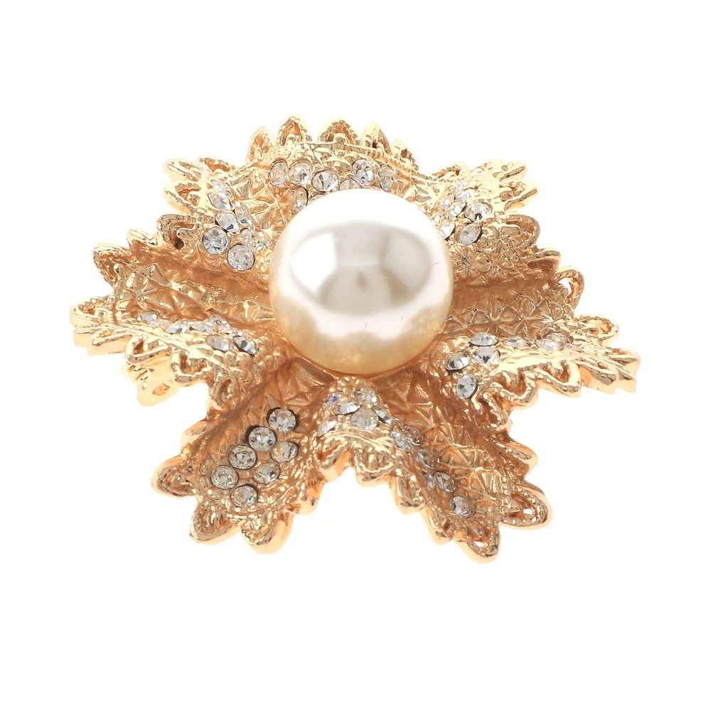 Gold Tone Alloy Metal Flower Brooch With Rhinestone & Pearl  P1540-GCP