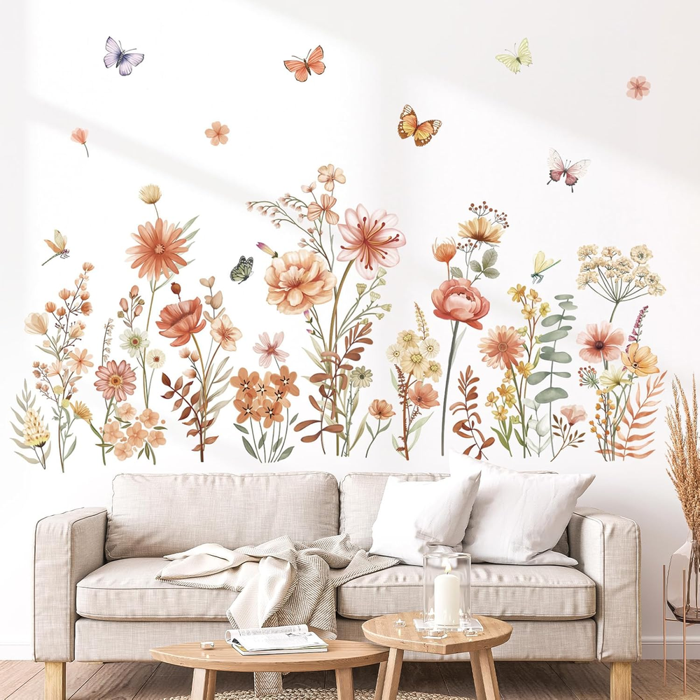 Boho Wildflower Wall Stickers Garden Flowers Grass Peel and Stick Wall Art Decal