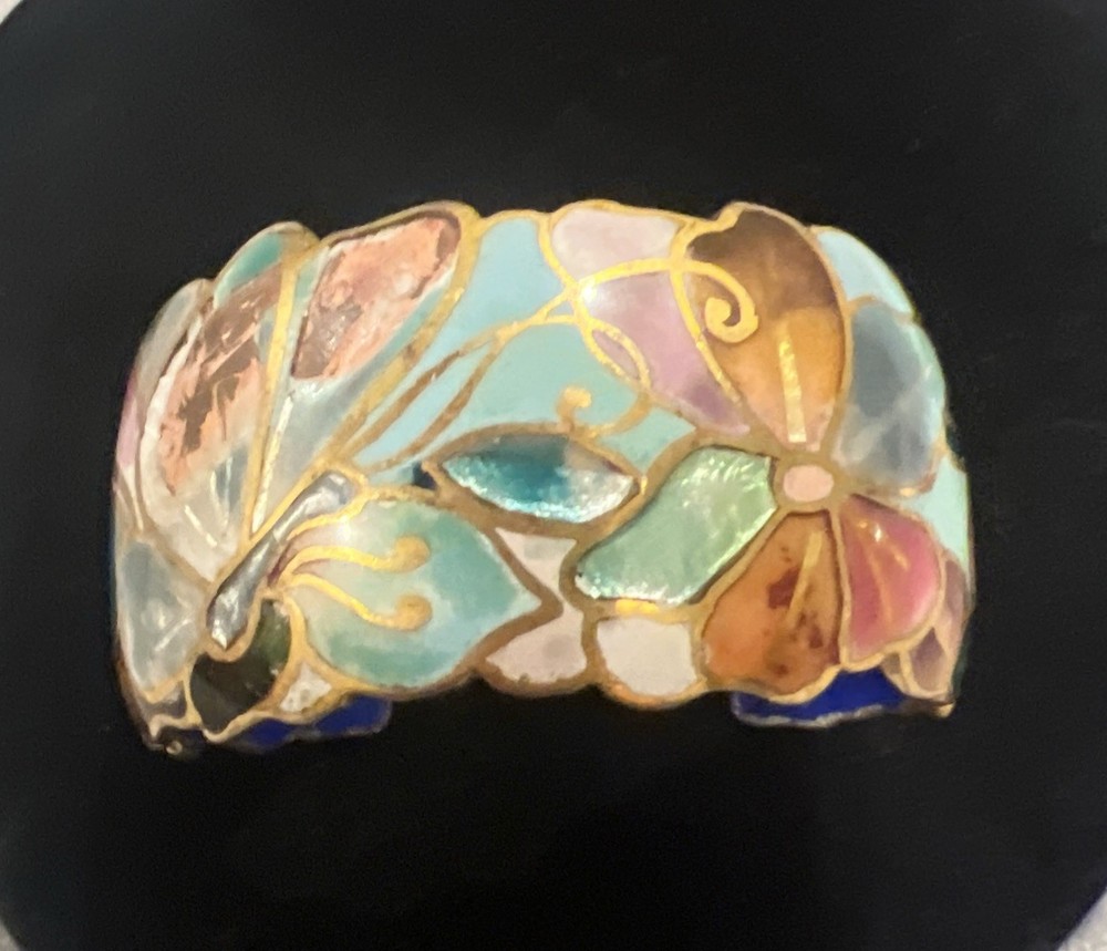 David Kuo Cuff Bracelet Champleve Butterfly Enamel Pastel Signed OS Vintage EUC