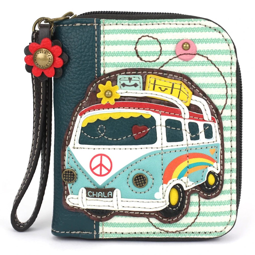 NEW CHALA TEAL WHITE STRIPE RETRO PEACE BUS VAN ZIPPERED WALLET ORGANIZER