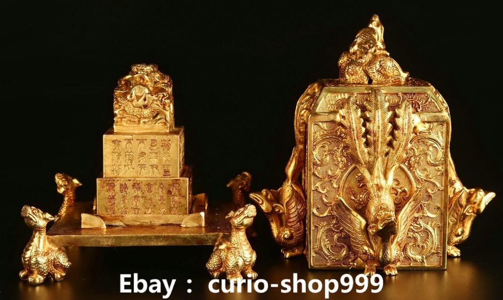 8.2 Inch Old Dynasty Bronze Dragon Phoenix Seal Stamp Signet Set