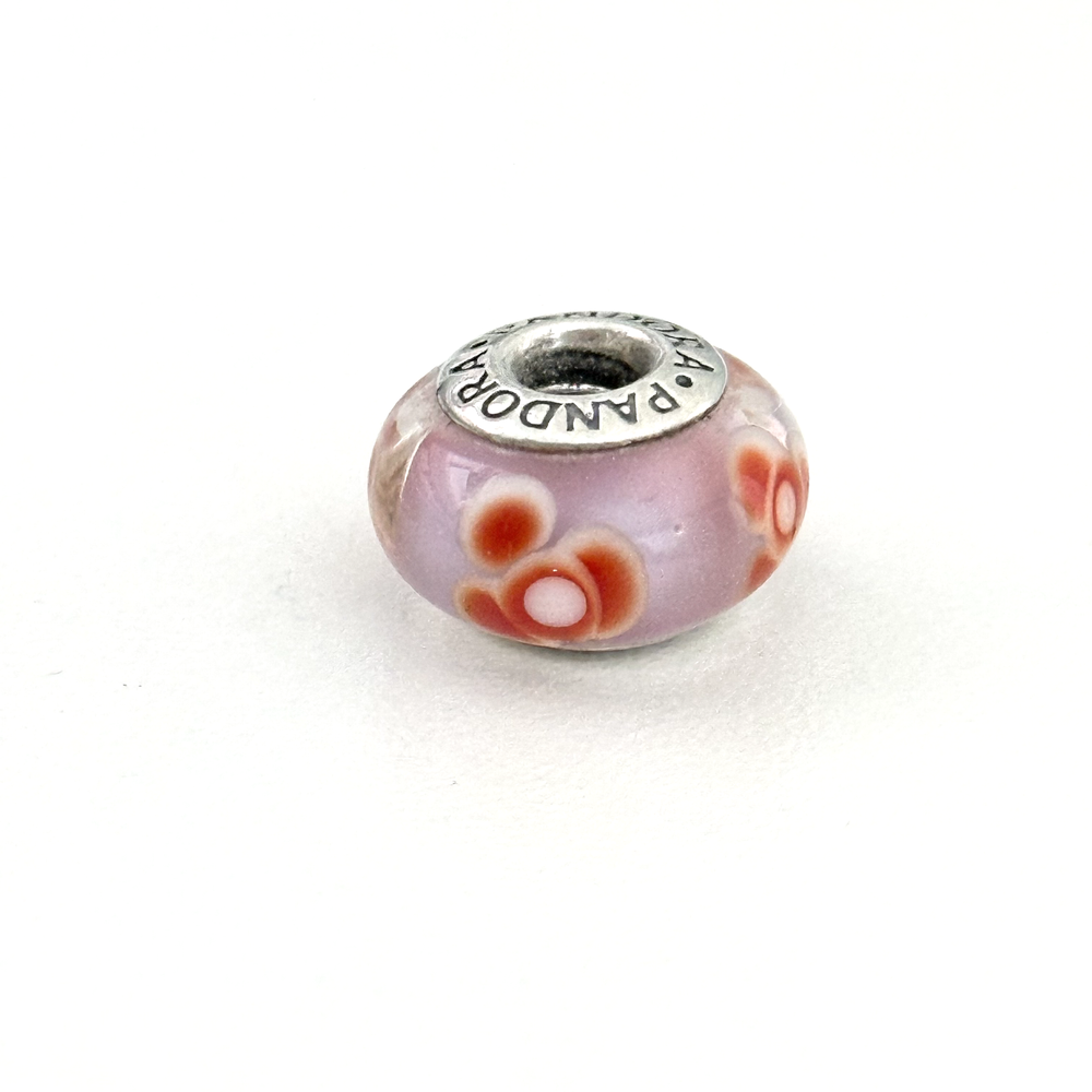 Pandora Sterling Silver Pink Red Orange Murano Glass Flower Bead Charm