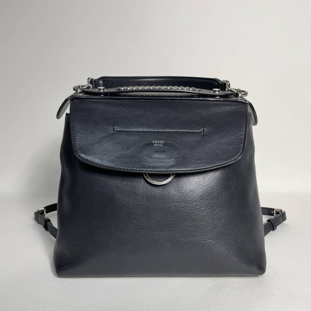 Fendi Black Leather 3-Way Backpack 10.6x11x4.7 Inches-image