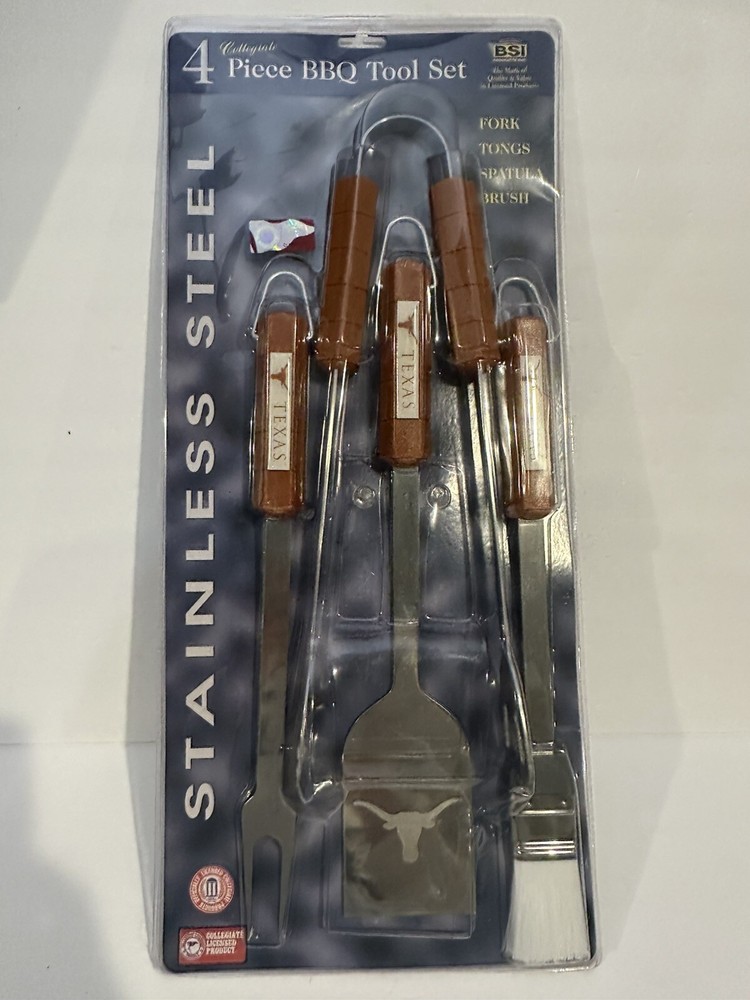 TEXAS LONGHORNS COLLEGIATE OFFICIAL LICENSED 4 PIECE STAINLESS STEEL BBQ SET NEW