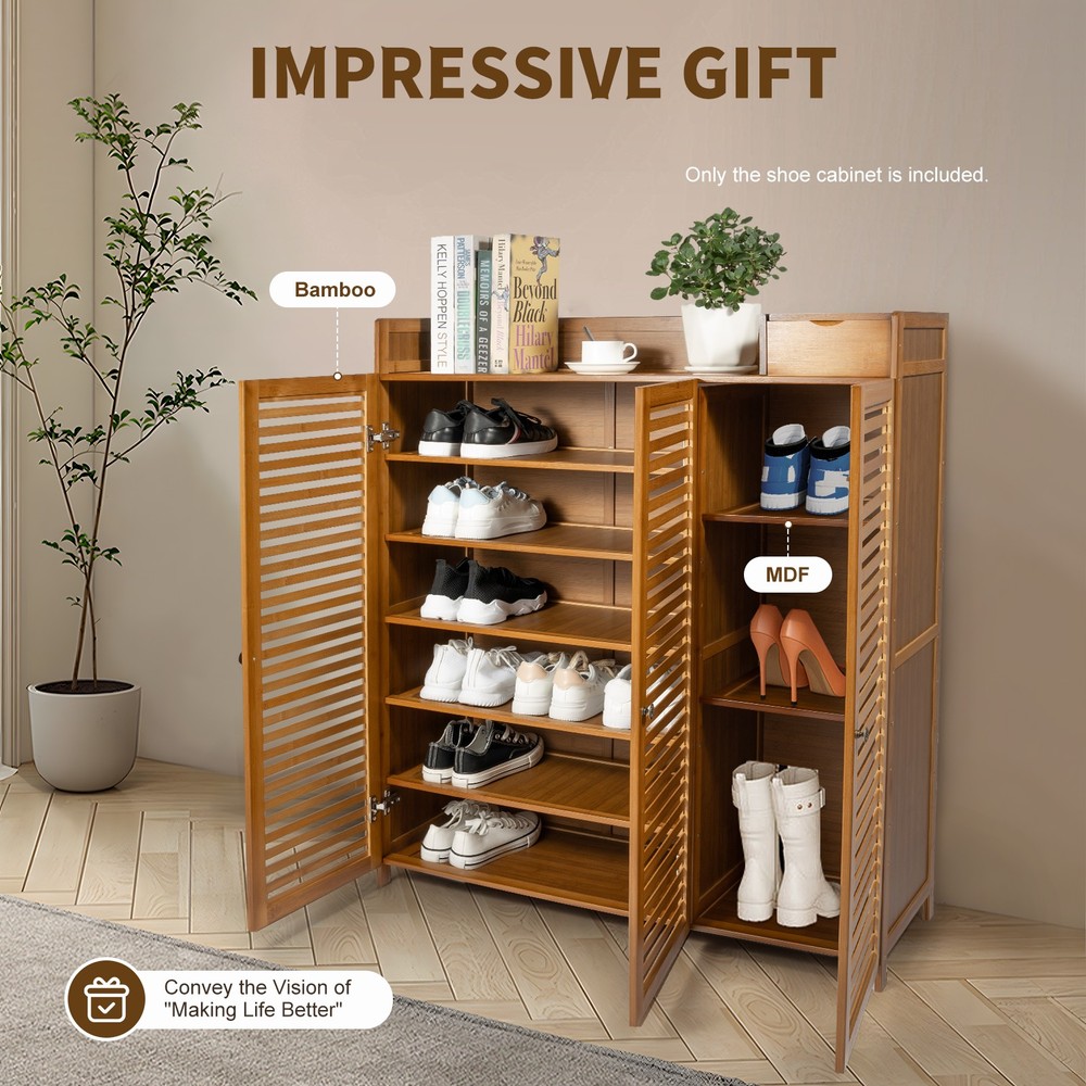 7 Tier Bamboo Shoe Cabinet with Doors 30 Pairs Shoe Rack Shoe Storage Organizer