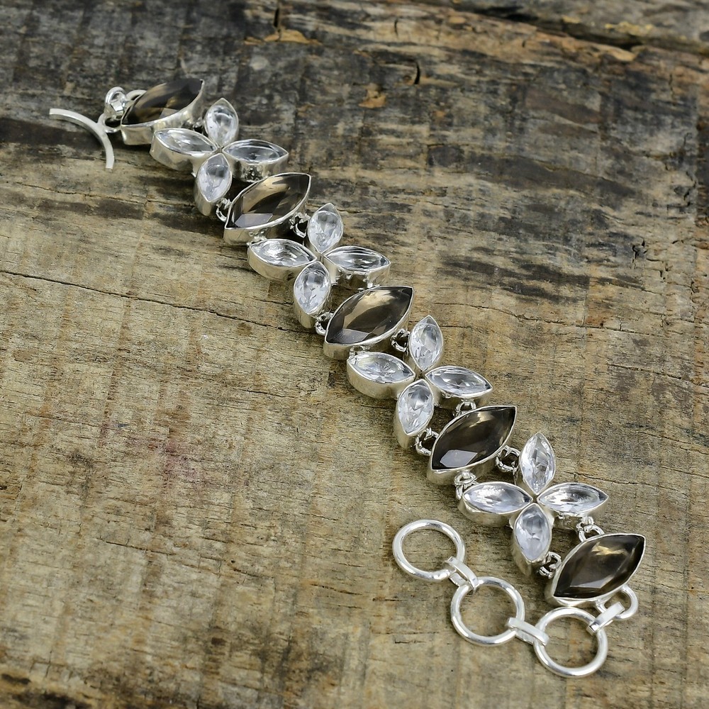 Smoky & White Topaz Gemstone 925 Sterling Silver Bracelet For Birthday Gifts