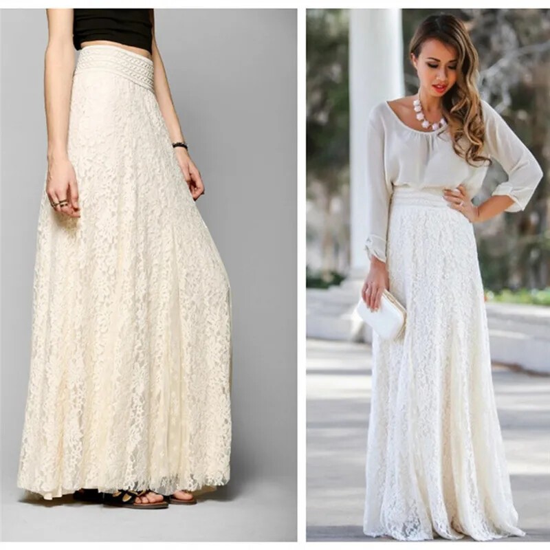 Double Lace Layer Chiffon Pleated Maxi Skirt with Elastic Waist  -image