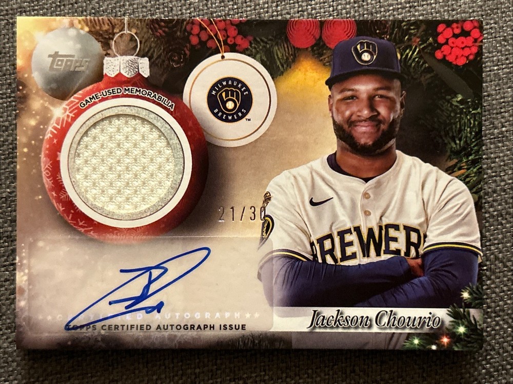 Jackson Chourio 2025 Topps Holiday (SSP,AU,SN) Autograph Relic Card #’d 16/30