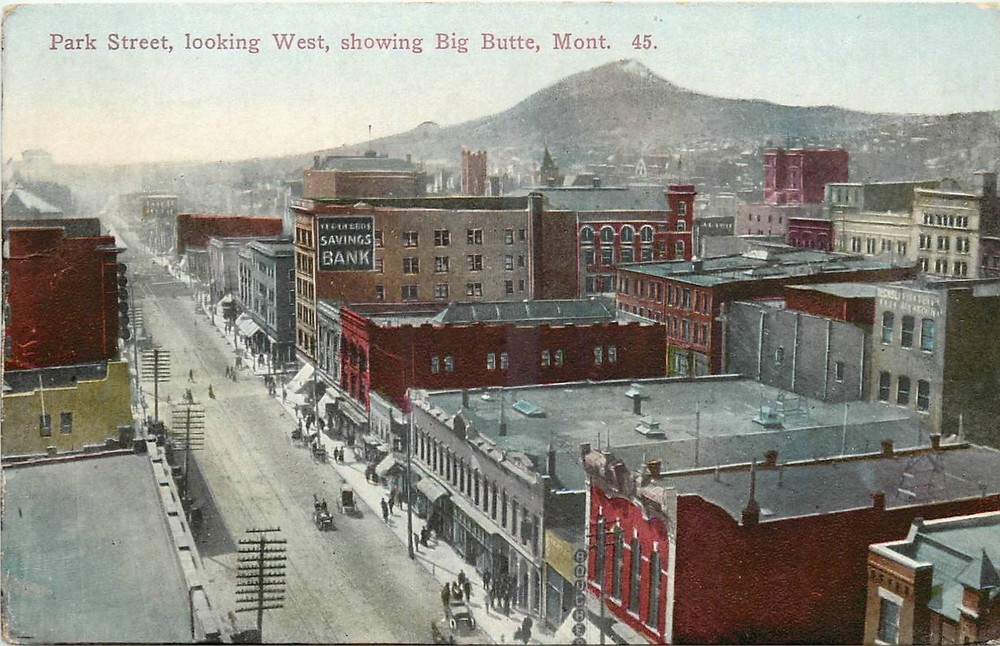 c1910 Big Butte Montana Park Street Birdseye View autos people Postcard 25-11141