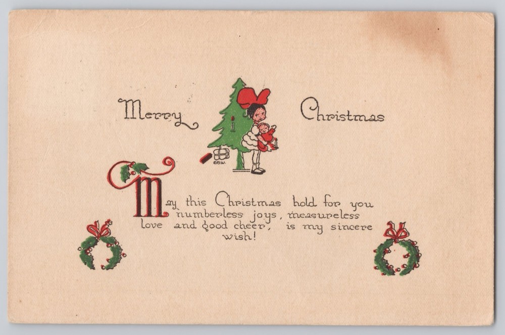 Calumet, Michigan Christmas child with tree and wreath, White Border 1922