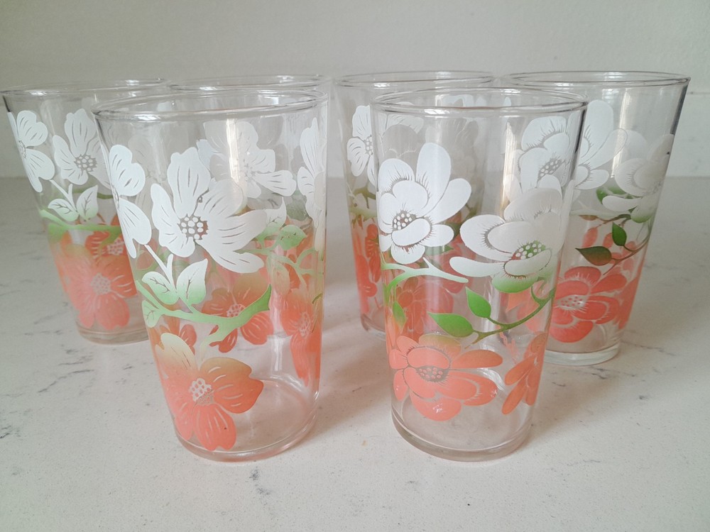 Rare 6 Pc Vintage 1950s MCM Federal Glass Wildrose Tricolor Juice Glasses 4.75