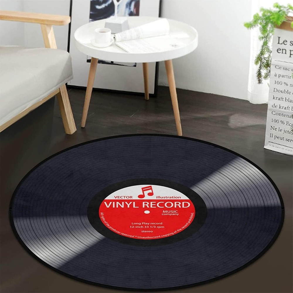 Modern Black Vinyl Record Round Rug for Living Room Bedroom Study Music Decor