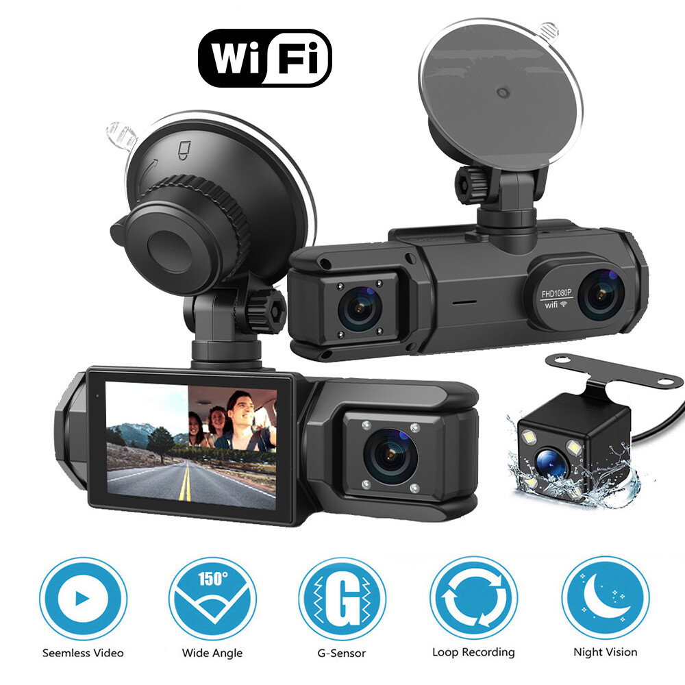 Dash Cam Car 1080P HD Dual Lens Front/Rear/Inside Video Recorder Camera G-Sensor