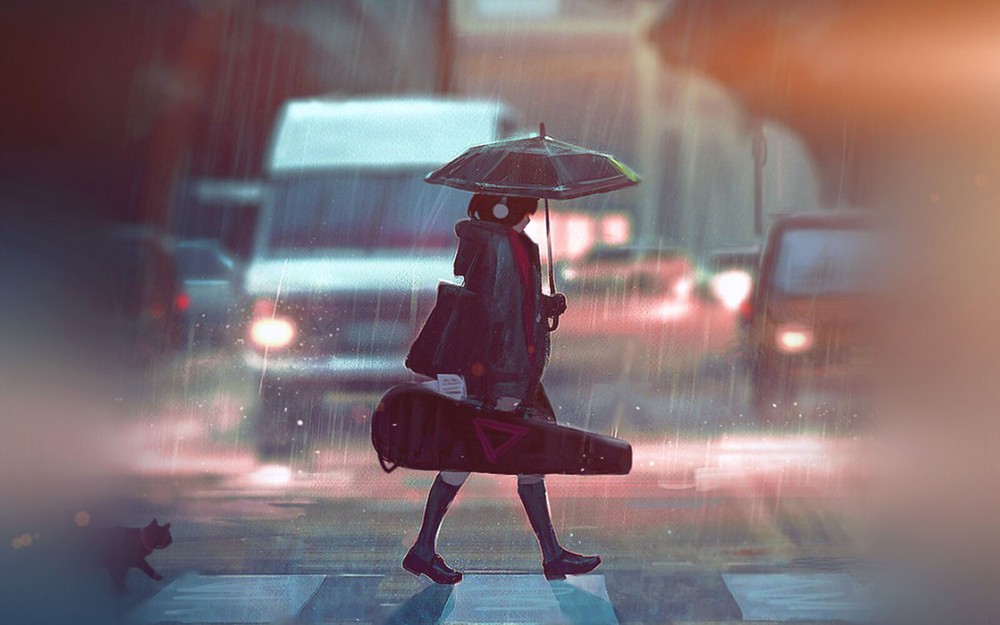 Anime Girl with Umbrella Playmat Desk Mat Rain Art 24x14 Inches  