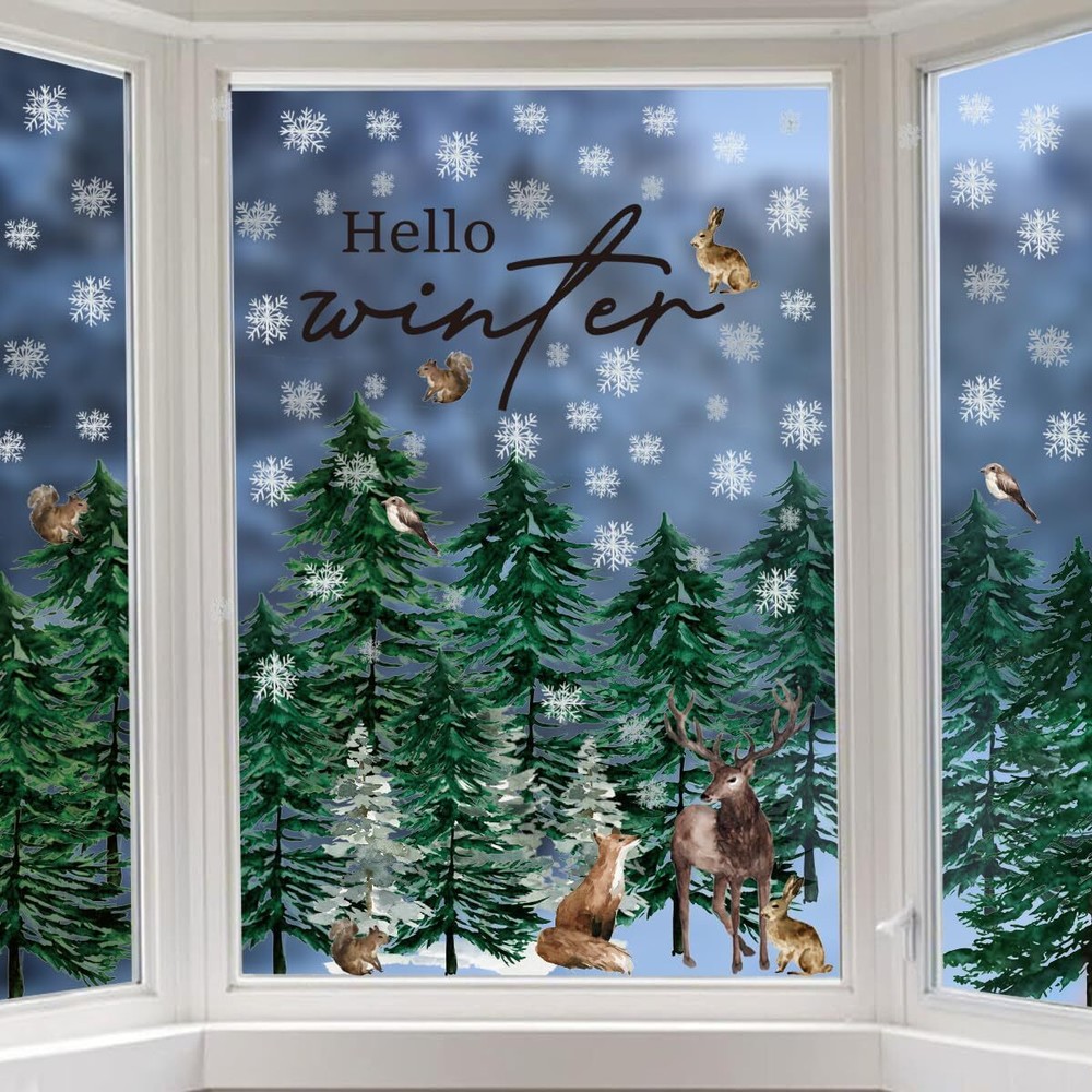 35 PCS Christmas Window Cling Sticker, Green Xmas Trees Deer Squirrel Rabbit ...