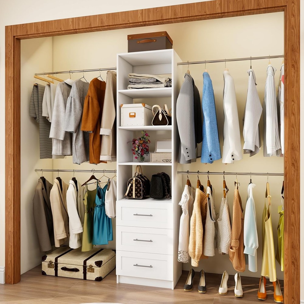 5FT-8FT Closet Organizer System with 3 Wooden Drawers for Space Saving Storage  