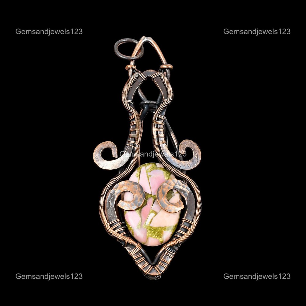 Christmas Sale Copper Copper Pink Opal Stone Wire Wrapped Sister Pendant Jewelry-image