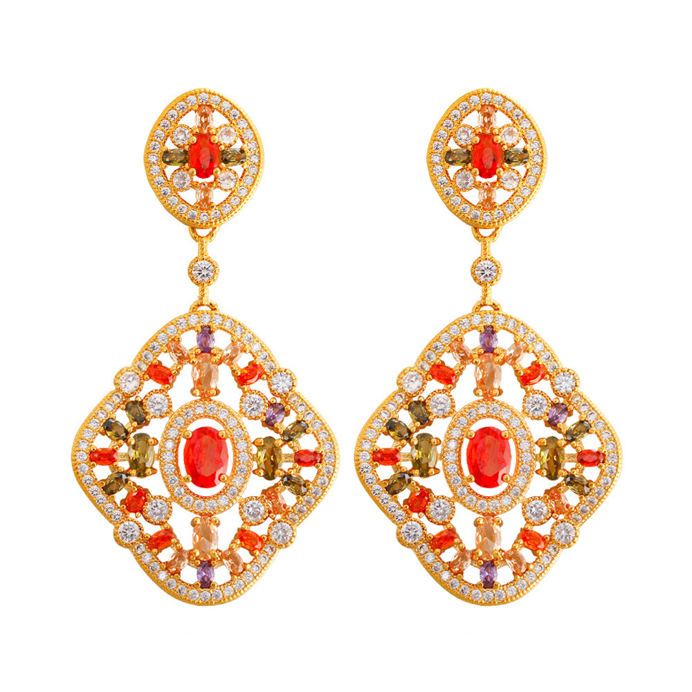 Yellow Gold Plated Multicolor Zircon Long Dangle Drop Earrings for Women Wedding