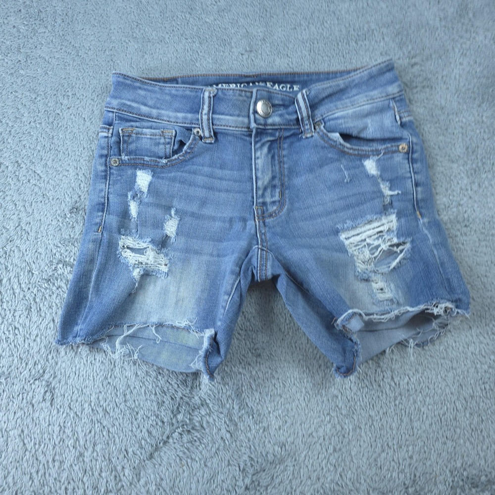 American Eagle Shorts Womens 0 Blue Midi Super Super Stretch Distressed Denim