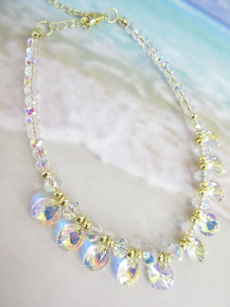 Crystal Ankle Bracelet Anklet Aurora Borealis Beaded Lustrous Sparkle Prism 10in