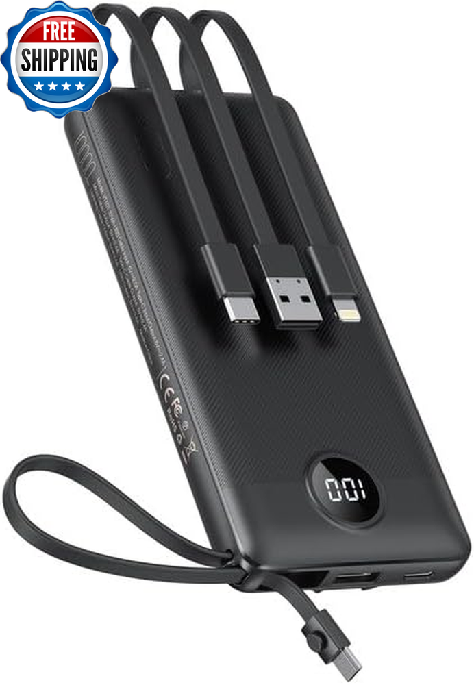 10000mAh Slim Portable Charger with Built-In Cables for Fast iPhone Charging