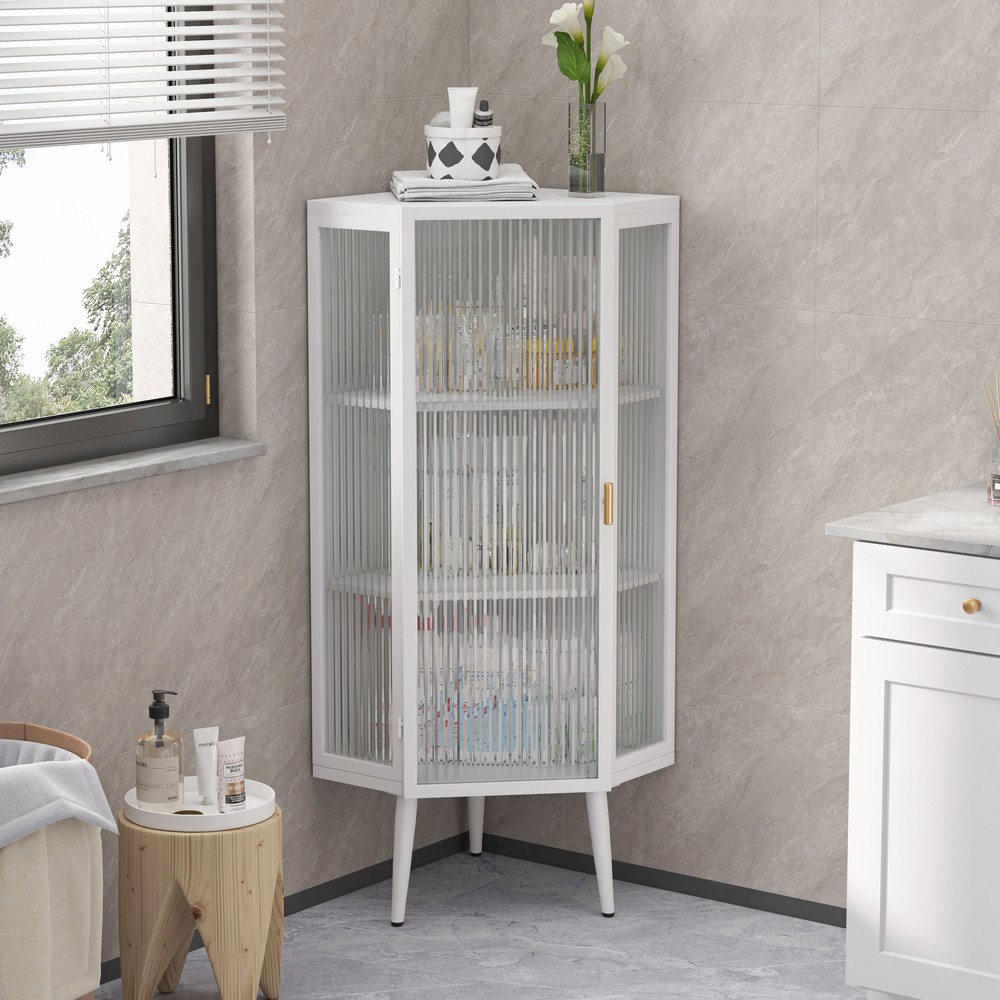 22.25 Inch 3-Tier Corner Bathroom Storage Cabinet with Glass Door