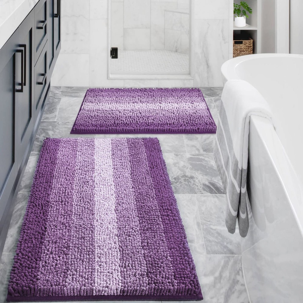Purple Chenille Non Slip Bath Mat Set 2 Piece Absorbent Soft Bathroom Rug