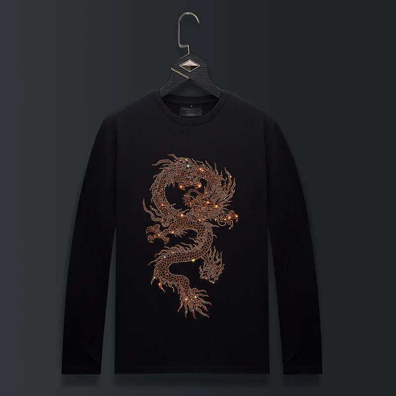 Fashion Dragon Trend Rhinestone Long Sleeve Luxury  Men T-Shirt Plus Size 6XL