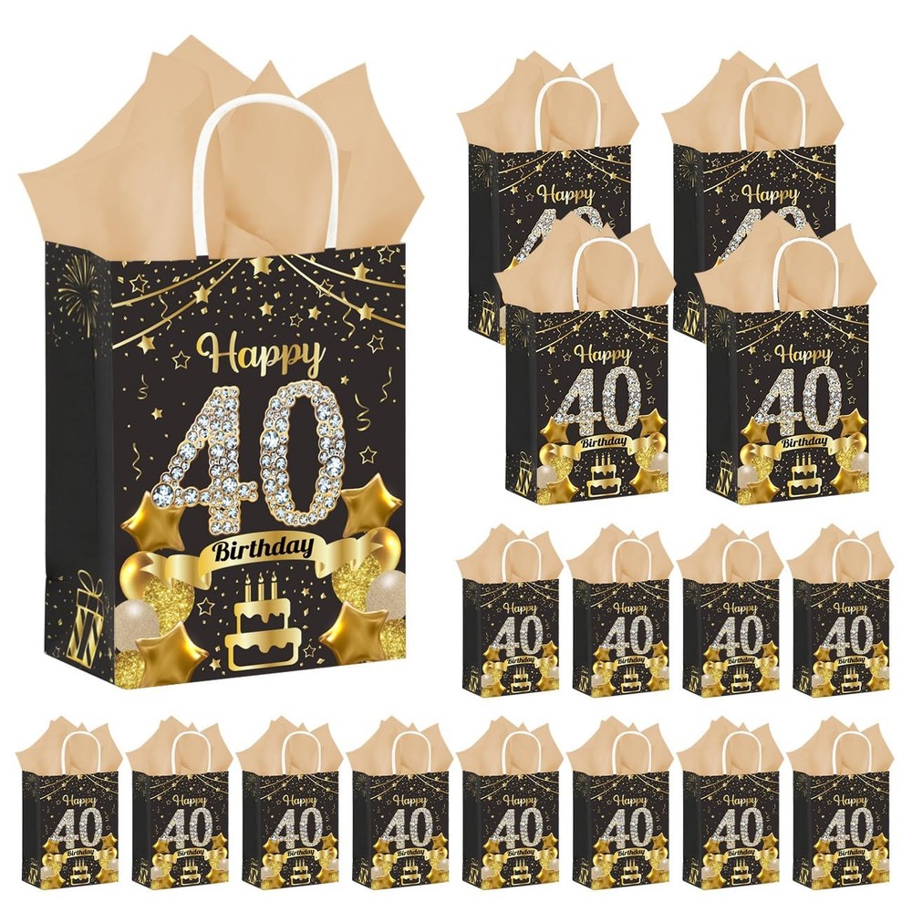 50Pcs 40th Birthday Party Favors Gift Bags Bulk, Black and Gold Happy 40th Gi...